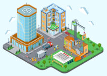 Construction place in the city concept. Modern trendy flat 3d isometric infographic. Street buildings and unfinished public house, bricks, builders, crane, van, architecture plan, boxes, materials.